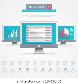 Flat UI Design. Vector illustration concept of website analytics search information and computing data analysis. Eps 10.