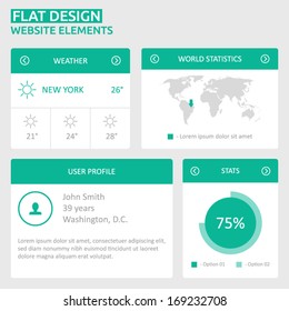 Flat UI design website elements - world map, user profile, stats, weather
