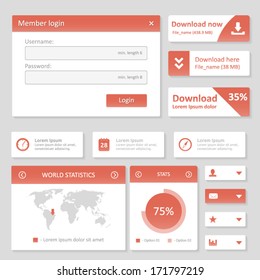 Flat UI Design Website Elements - Member Login, Download, World Map, Statistics And Dropdown Buttons