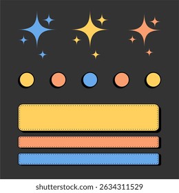 Flat UI elements sparkling stars, circles, and rectangular fields in blue, yellow, orange.