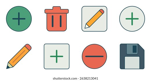Flat UI icon set including add, delete, edit, save, and minus symbols in modern minimal style