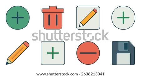 Flat UI icon set including add, delete, edit, save, and minus symbols in modern minimal style
