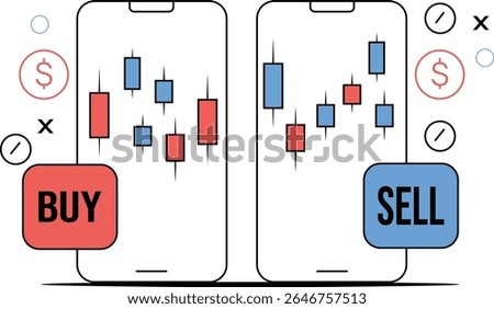Flat UI Illustration of a Mobile Trading App Screen With Line Chart and Buy Sell Buttons, Featuring Minimal Elements for Finance