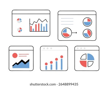 Flat UI infographic set with 6 dashboard cards displaying various chart styles. Great for data presentations and analysis reports.