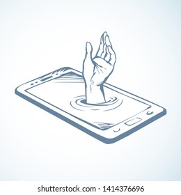 Flat ui pc device palmtop data www app on white text space. Ask life reach raise up male user arm finger. Sketch art vector drawn sea dive suck human risk phub sink tech net site info sos sign icon