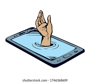 Flat ui pc device palmtop data www app white space for text. Ask life reach raise up male user arm finger. Cartoon art vector drawn sea dive suck human risk phub sink tech net site info sos sign icon