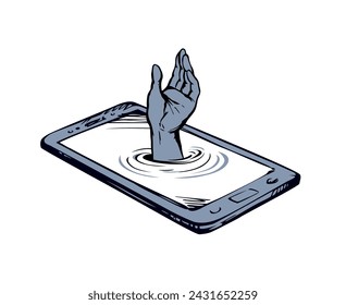 Flat ui pc device palmtop data www app white space for text. Ask life reach raise up male user arm finger. Cartoon art vector drawn sea dive suck human risk phub sink tech net site info sos sign icon