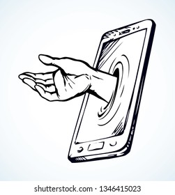 Flat ui pc pad device data www app on white text space. Ask life reach theft user arm fingers. Vector graphic sketch drawn human steal risk sign. Illegal net spy criminal spam offer man give hold info