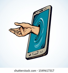 Flat ui pc pad device palmtop data www app on white text space. Ask life reach male user arm finger. Cartoon vector graphic drawn human risk illegal bad net spy thief man give hold info gift sign icon