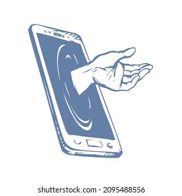 Flat ui pc pad device data www app on white text space. Ask life reach theft user arm fingers. Vector graphic sketch drawn human steal risk sign. Illegal net spy criminal spam offer man give hold info