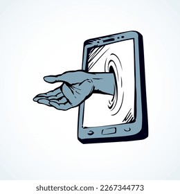 Flat ui pc pad device data www app on white text space. Ask life reach theft user arm fingers. Vector graphic sketch drawn human steal risk sign. Illegal net spy criminal spam offer man give hold info