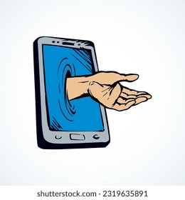 Flat ui pc pad device palmtop data www app on white text space. Ask life reach male user arm finger. Cartoon vector graphic drawn human risk illegal bad net spy thief man give hold info gift sign icon