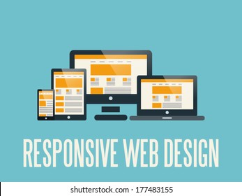 Flat UI vector illustration of responsive web design as seen on desktop monitor, laptop, tablet and smartphone, isolated on light blue background.