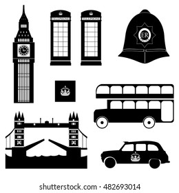 Flat UK, London travel object silhouette set. Vector illustration web silhouette in thin line style isolated on white background. 