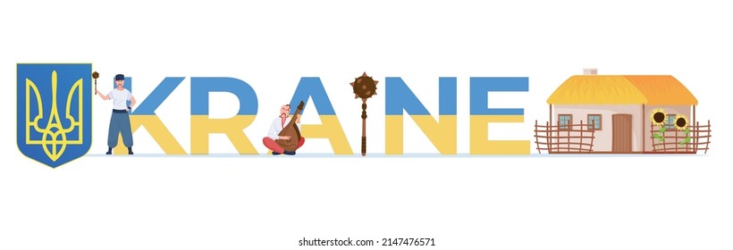 Flat ukraine composition with text coat of arms ukranian people and house vector illustration