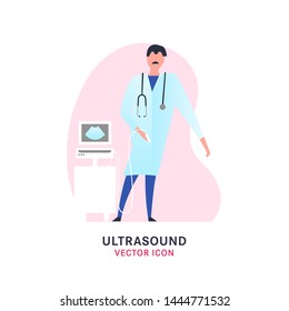 Flat ultrasound image in modern vanguard simplistic style. Prenatal clinic equipment. Scan technology. Medical examination. Editable vector illustration in vibrant colors. Medical, healthcare concept