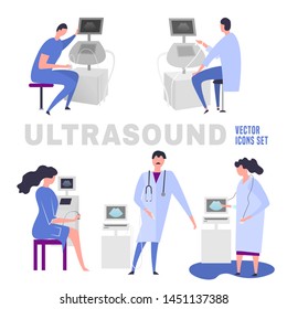 Flat ultrasound set in modern vanguard simplistic style. Prenatal clinic equipment. Scan technology. Medical examination. Editable vector illustration in vibrant colors. Medical, healthcare icons