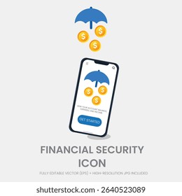 Flat umbrella icon with falling coins, symbolizing financial protection and insurance coverage. Perfect for banks, apps, or risk management visuals.