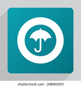 flat umbrella icon, white on blue background 