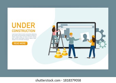 Flat under construction with people for web site design. Minimal design. Technology concept. Flat business template.