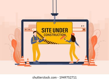 Flat under construction with people for web site design. Minimal design. Technology concept. Flat business template.