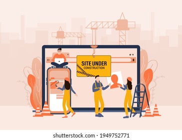 Flat under construction with people for web site design. Minimal design. Technology concept. Flat business template.