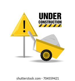 flat under construction warning and cart with cement