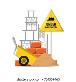 flat under construction warning and cart with cement