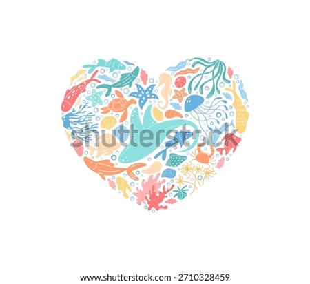 Flat underwater ocean life heart shape sticker design in vibrant style. Marine creatures, fish, reef coral, and sea elements create a colorful aquatic concept. Ocean background, perfect for marine