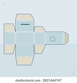 Flat unfolded box template drawn only as line types that a maker can act on: solid cut lines on the outline, dashed tab and slot runs on every shared edge, hatched glue tabs, slots and punched tabs, laid out as a tag template in ocean deep colors with no lettering and no assembled view, ready to print, cut and fold.