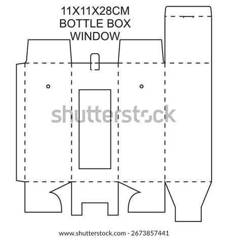 A flat, unfolded cardboard box template with dashed lines indicating folds and cuts, featuring a rectangular window.