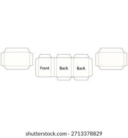 Um modelo plano, desdobrado, com corte, que mostra a disposição de uma pequena caixa retangular ou manga, indicando seções rotuladas "Frontal" e "Traseiro" para fins de impressão ou montagem. Isolado em um fundo branco
