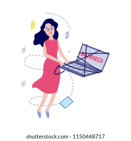 Flat unhappy female office manager, woman in glasses and dress or housewife with sad facial expression near laptop in chains with banned message window. Access prohibition concept. Vector illustration