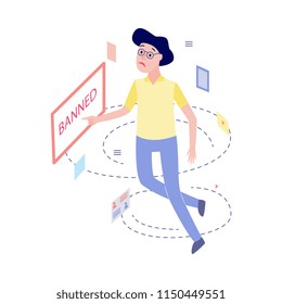 Flat unhappy female office manager, woman in glasses or housewife with sad facial expression pointing to vitrual banned message window. Access prohibition concept. Vector illustration