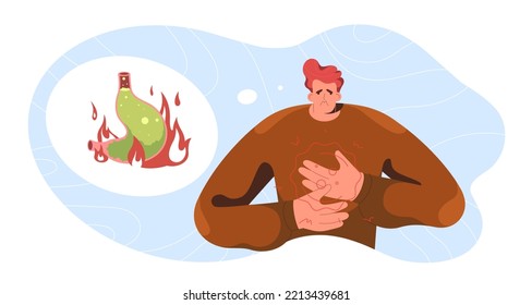 Flat unhappy man with stomachache. Sick character suffering from heartburn in stomach, abdomen pain or digestive disorders. Heartburn, gastrointestinal diseases, acid reflux or gastritis concept.