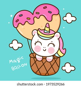 Flat unicorn cartoon pony child in heart balloon vector kawaii animals background: Series fairy tale characters horse sweet dessert (Girly doodles) isolated. Perfect Nursery children, kids, greeting.