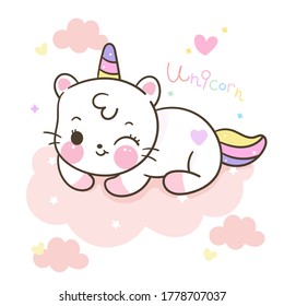 Flat unicorn cat fairy cartoon Pony Child vector. Series: magic sleeping time sweet dream pastel color, Kawaii animals girly doodles, Nursery decoration Illustration of fairytale horse.