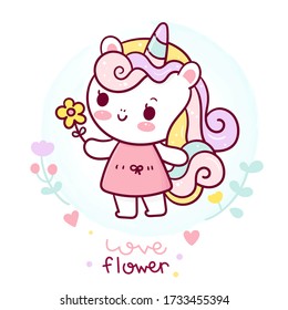 Flat unicorn fairy cartoon Pony Child vector with flower Kawaii style: Series Fairytale animals (Girly doodles). Perfect for Nursery kids isolated on white background, greeting card, baby shower girl,