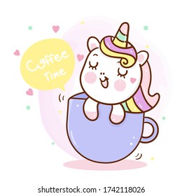 Flat unicorn fairy cartoon Pony Child vector in coffee cup: Series Fairytale animals (Girly doodles). Perfect for Nursery kids isolated on white background, greeting card, baby shower girl, fabric.
