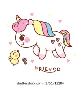 Flat unicorn fairy cartoon Pony Child vector and duck friendship: Series Fairytale Kawaii animals (Girly doodles). Perfect for Nursery kids, greeting card, baby shower girl, fabric design, Print.
