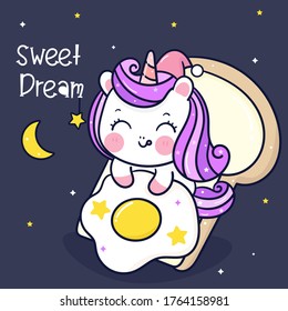 Flat unicorn fairy cartoon Pony Child vector sleep with egg and bread food. Series: magic sleeping time sweet dream pastel color,Kawaii animal girly doodles, Nursery decoration Illustration fairytale.