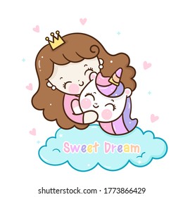 Dibujo plano de unicornio sobre hadas Pony Vectorial abraza a la princesa Kawaii chica sueño dulce: Series Animales de cuento de hadas (garabatos de Girly). Perfecto para niños de enfermería, tarjeta de saludo, ducha de bebé, diseño de tela.