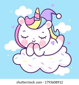 Flat unicorn fairy cartoon Pony Child vector magic sleep sweet dream with candy cloud: Series Fairytale Kawaii animals horse(cute Girly doodles). Perfect for Nursery kids, greeting card, baby shower.