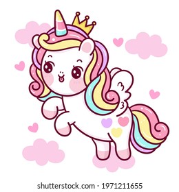 Flat unicorn fairy cartoon princess Pegasus pony child vector on cloud kawaii animals background: Series fairy tale characters horse horn for sweet shop (Girly doodles) isolated.Perfect Nursery child.