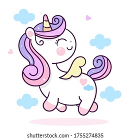 Flat unicorn princess fairy cartoon Pony Child vector fly in the air: Series Fairytale Kawaii animals (Girly doodles). Perfect for Nursery kids, greeting card, baby shower girl, fabric design, Print.