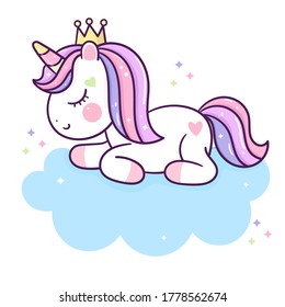 Dibujo de hada de hadas de princesa de unicornio plana Pony Child vector. Serie: magia durmiente dulce color pastel, animales Kawaii garrapatas, decoración de guardería Ilustración de caballo de cuento de hadas. Perfecto.