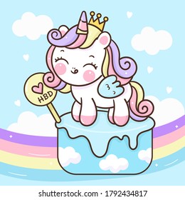 Flat unicorn princess fairy cartoon Pony Child vector with pastel rainbow: Series Fairytale Kawaii animals horse(cute Girly doodles). Perfect for Nursery kids, greeting card, baby shower girl, fabric.