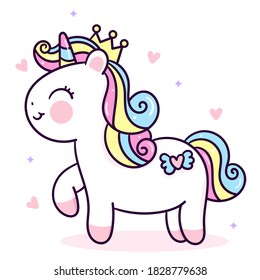 Flat unicorn princess fairy cartoon Pony Child vector with pastel heart: Series Fairytale Kawaii animals horse(cute Girly doodles). Perfect for café, Nursery kids, greeting card, baby shower girl.