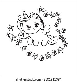  Flat unicorn princess fairy cartoon vector | kawaii Pony Child  vector  white and black coloring page and Fairytale Kawaii animals cute horse line art