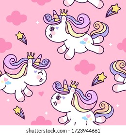 Flat Unicorn Seamless Pattern Pony Child: Series Kawaii cartoon Girly doodles (Fairytale animal). Magic character on white background illustration. Perfect design for fashion fabrics, graphics, kid.